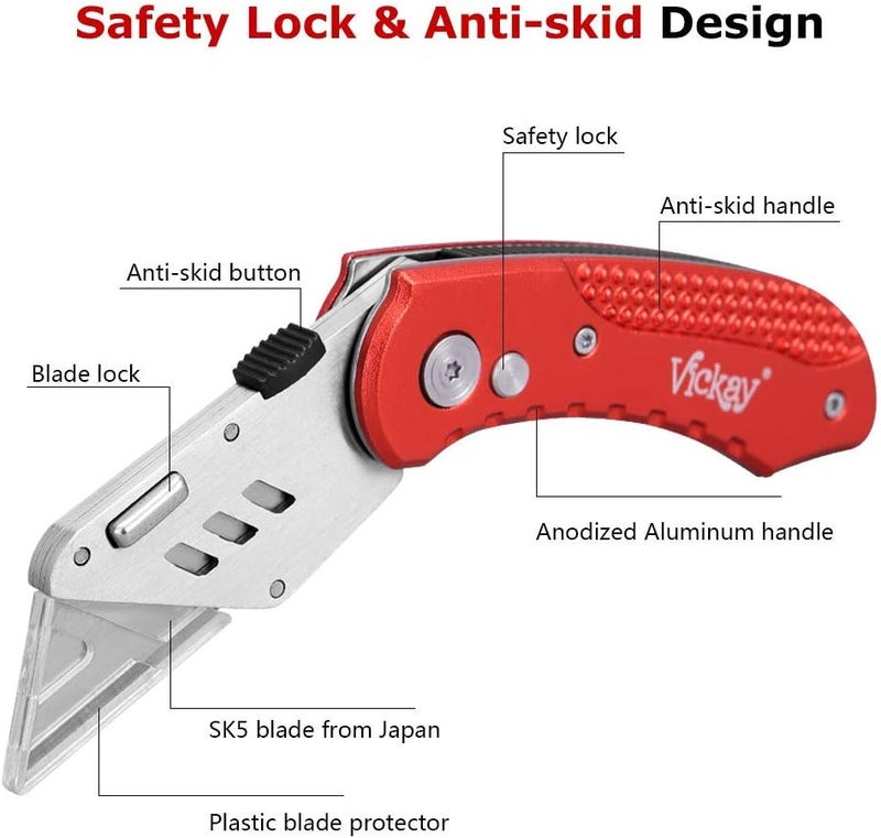 Vickay Box Cutter Folding Utility Knife Heavy Duty with 5 SK5 Quick Change Blades, Safety Axis Lock Design Razor Knife, Lightweight Aluminum Body Belt Clip for Office - Image 2